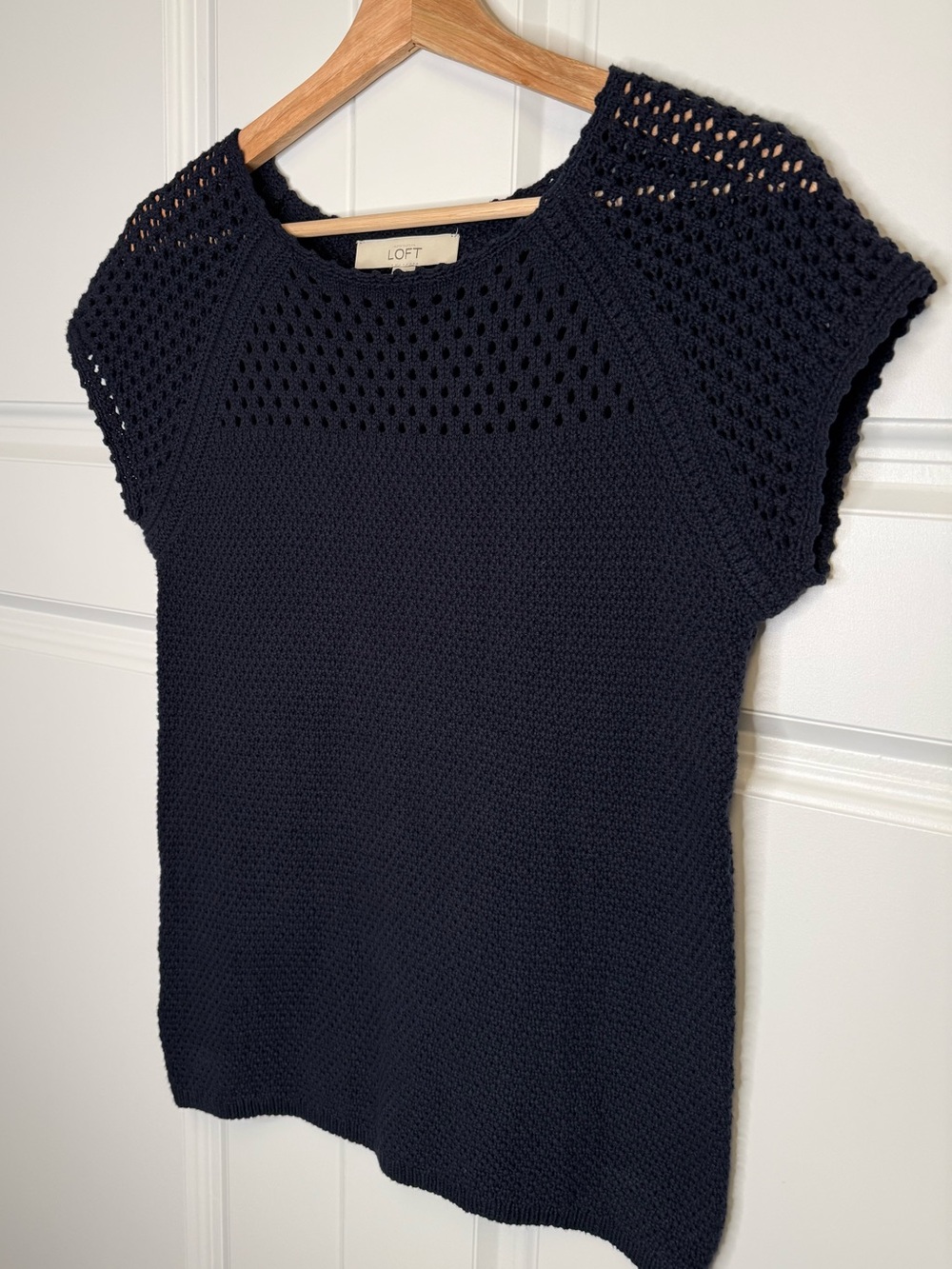 LOFT Navy Blue Crochet Knit Sweater Cap Sleeve 100% Cotton Open Knit